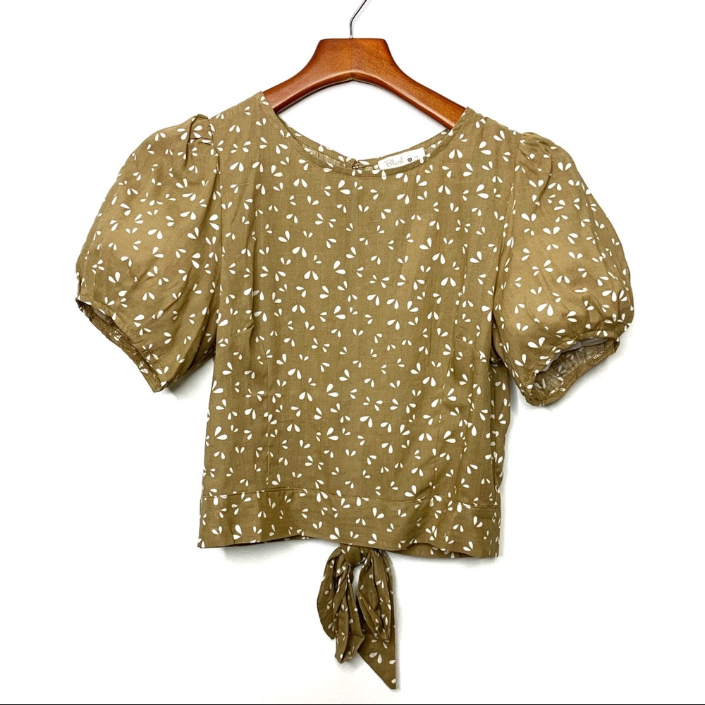 BLUSH J Tan Cropped Floral Puff Sleeve Crop Blouse